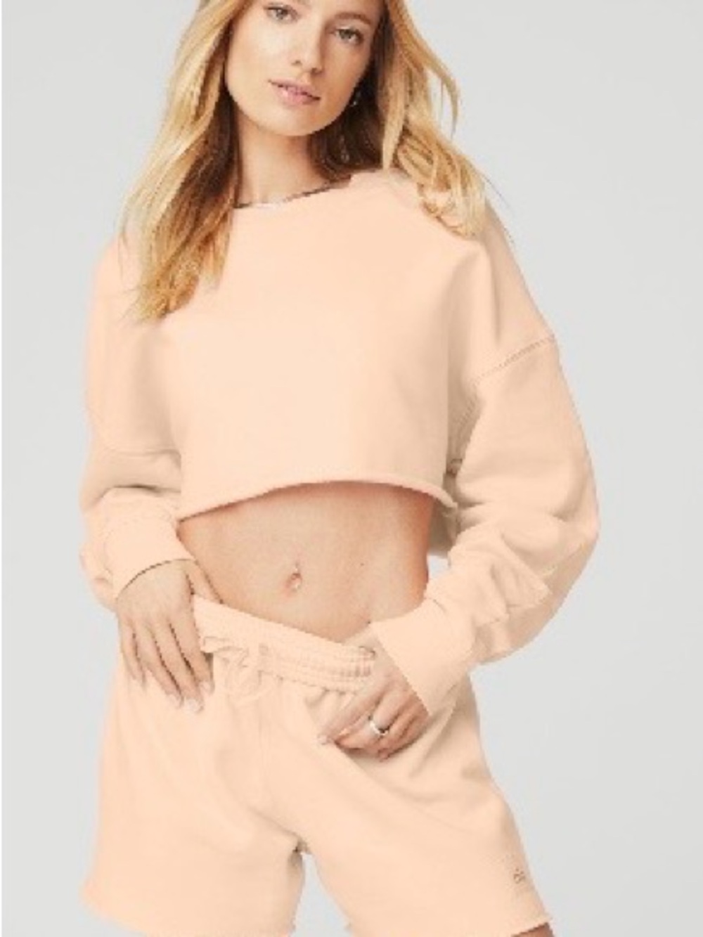 ALO Yoga Cropped Crew Sweatshirt and Shorts Set in Peach